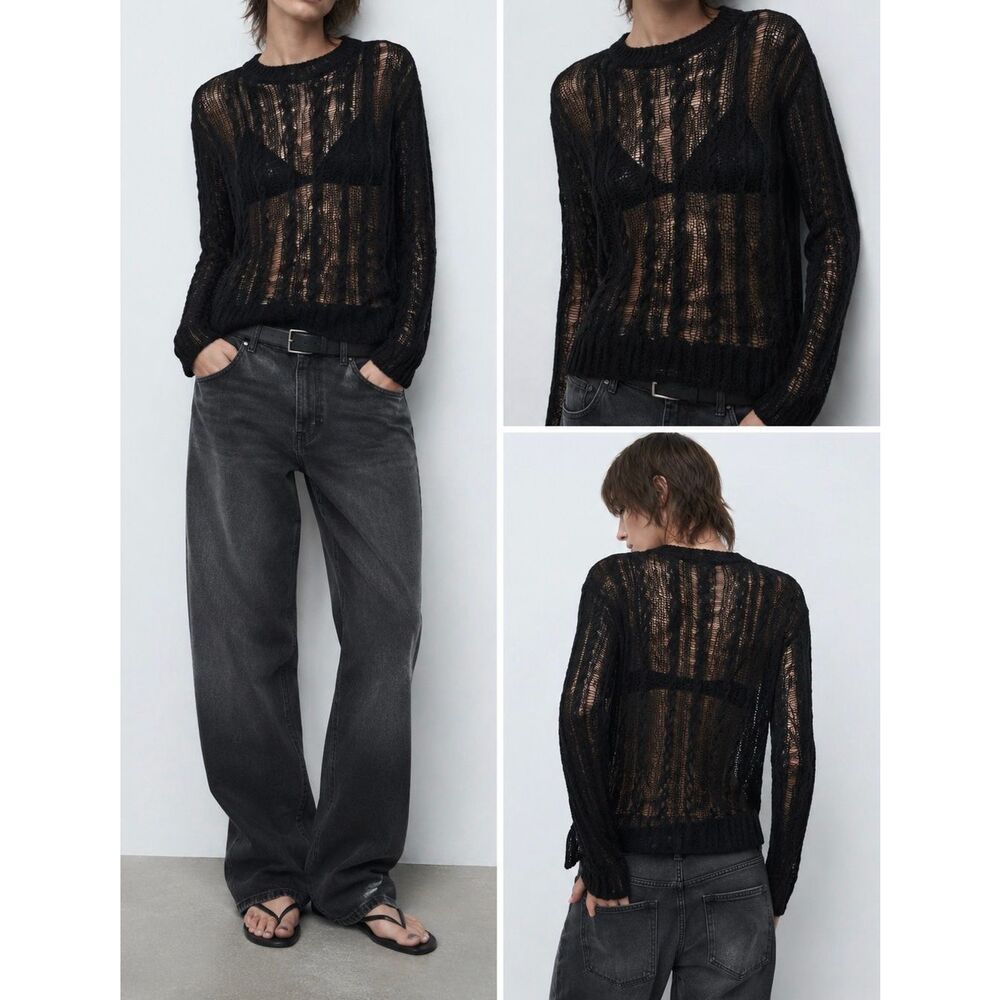 NWT Zara Open Knit Sweater XS/S Black Sheer Boho Grunge Pullover